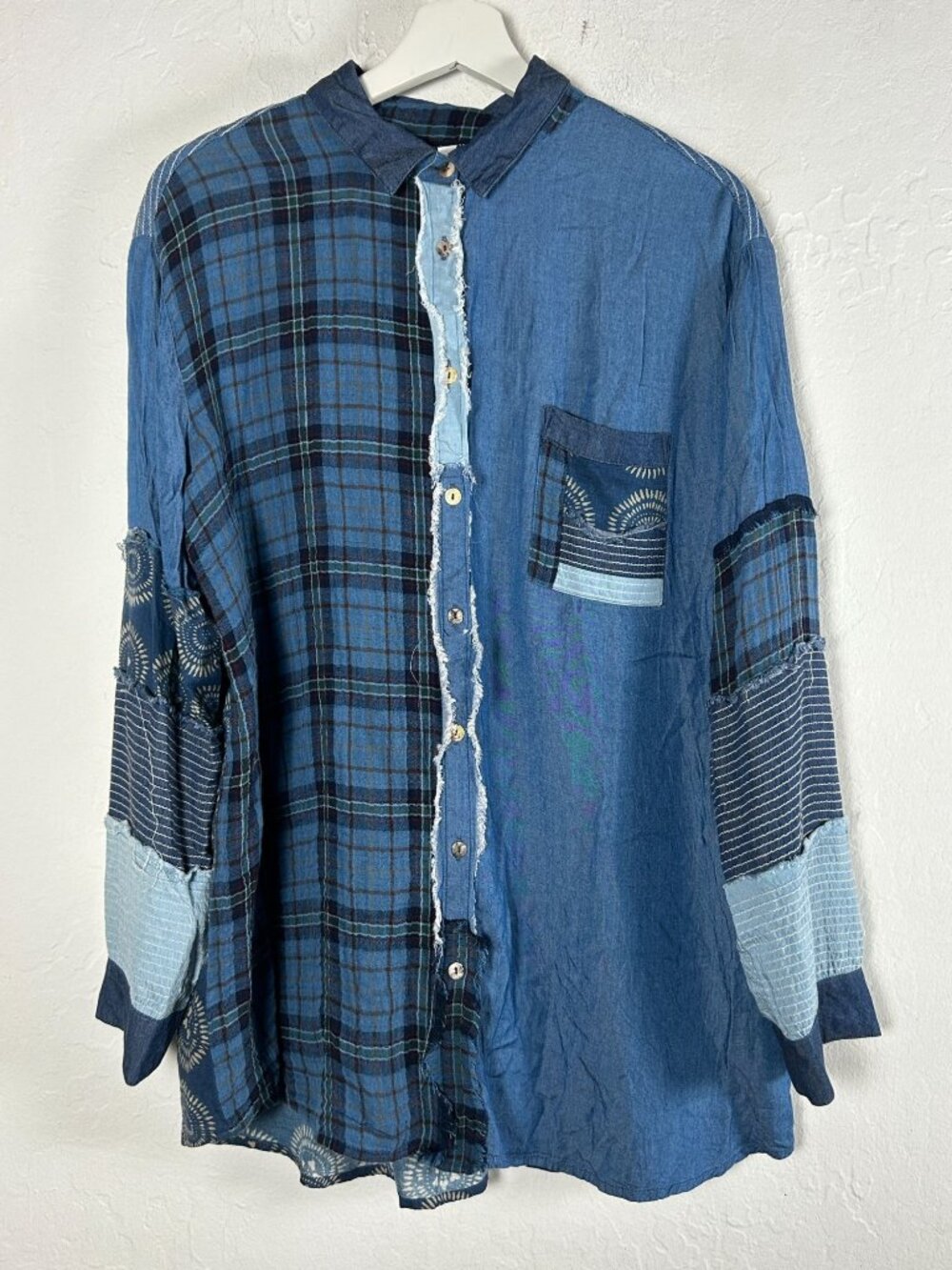 Johnny Was Womens Indigo Mixup Raw Edge Shirt Medium Button Up Long Sleeve Boho